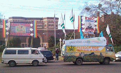 peacebus and happy wheels at the gates of Grafton Jail