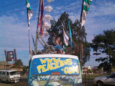 Graeme and Robin atop the peacebus 